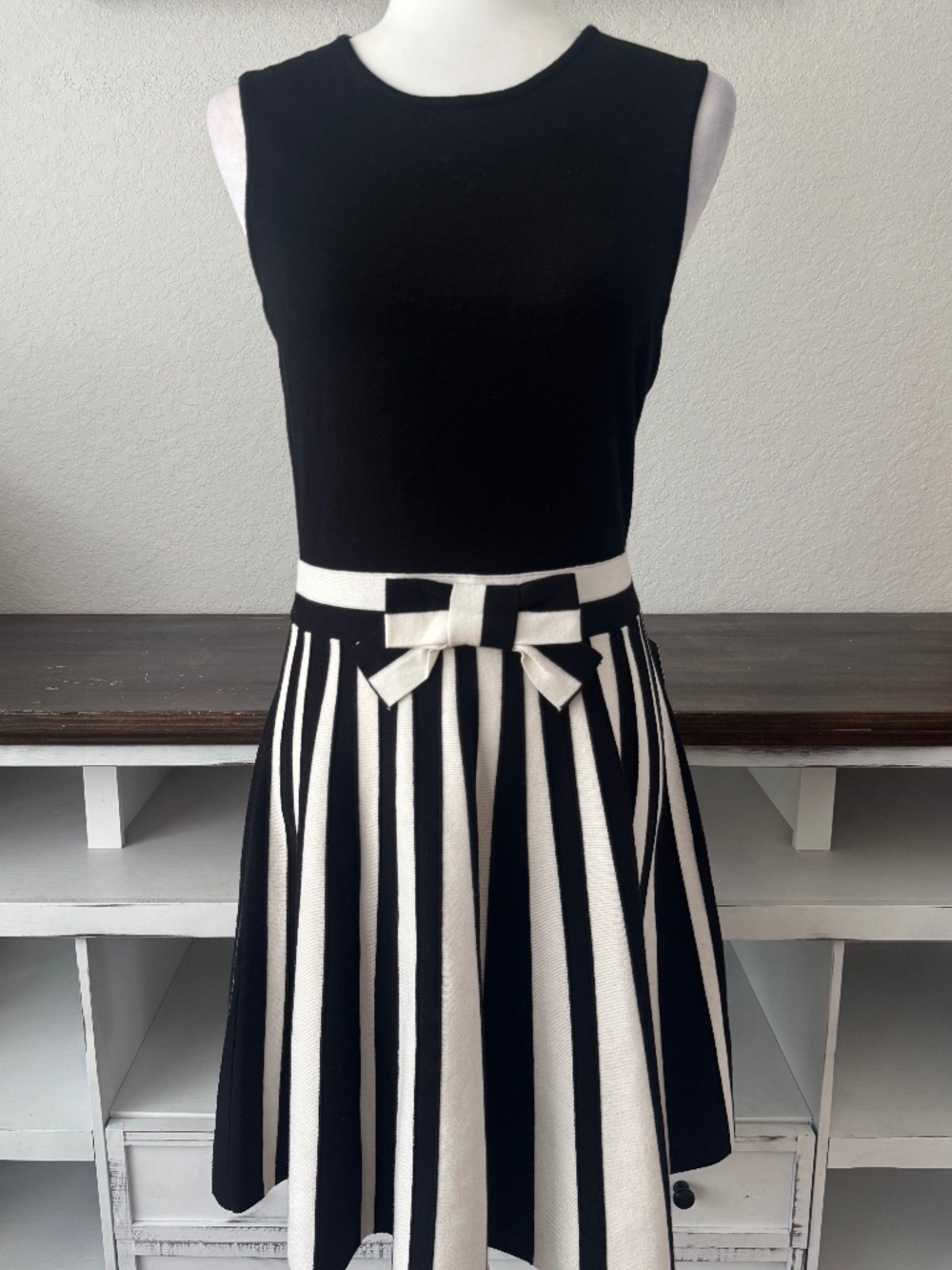 NWT 1901 Nordstrom Black White Striped Bow Dress Rayon Women's Size M C
